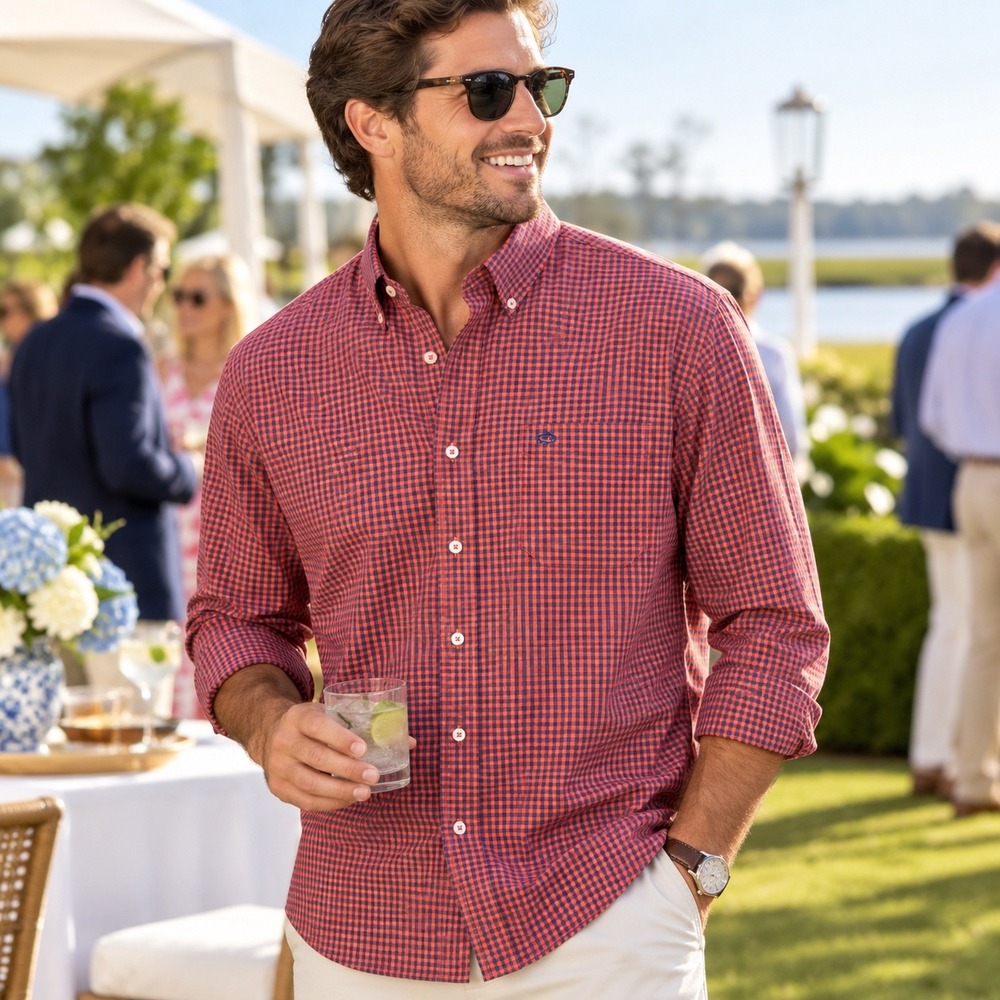 Southern Tide Mens XL Gingham Shirt Red Navy Classic Fit Stretch Preppy Button